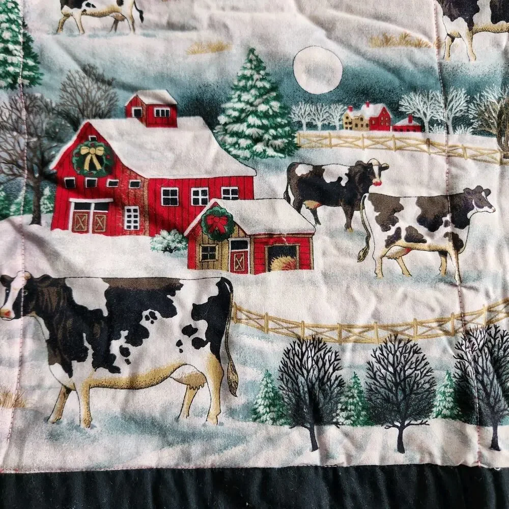 Handmade Christmas Quilt Snowy Farmhouse Red Barn Church Steeple Cows 77x66